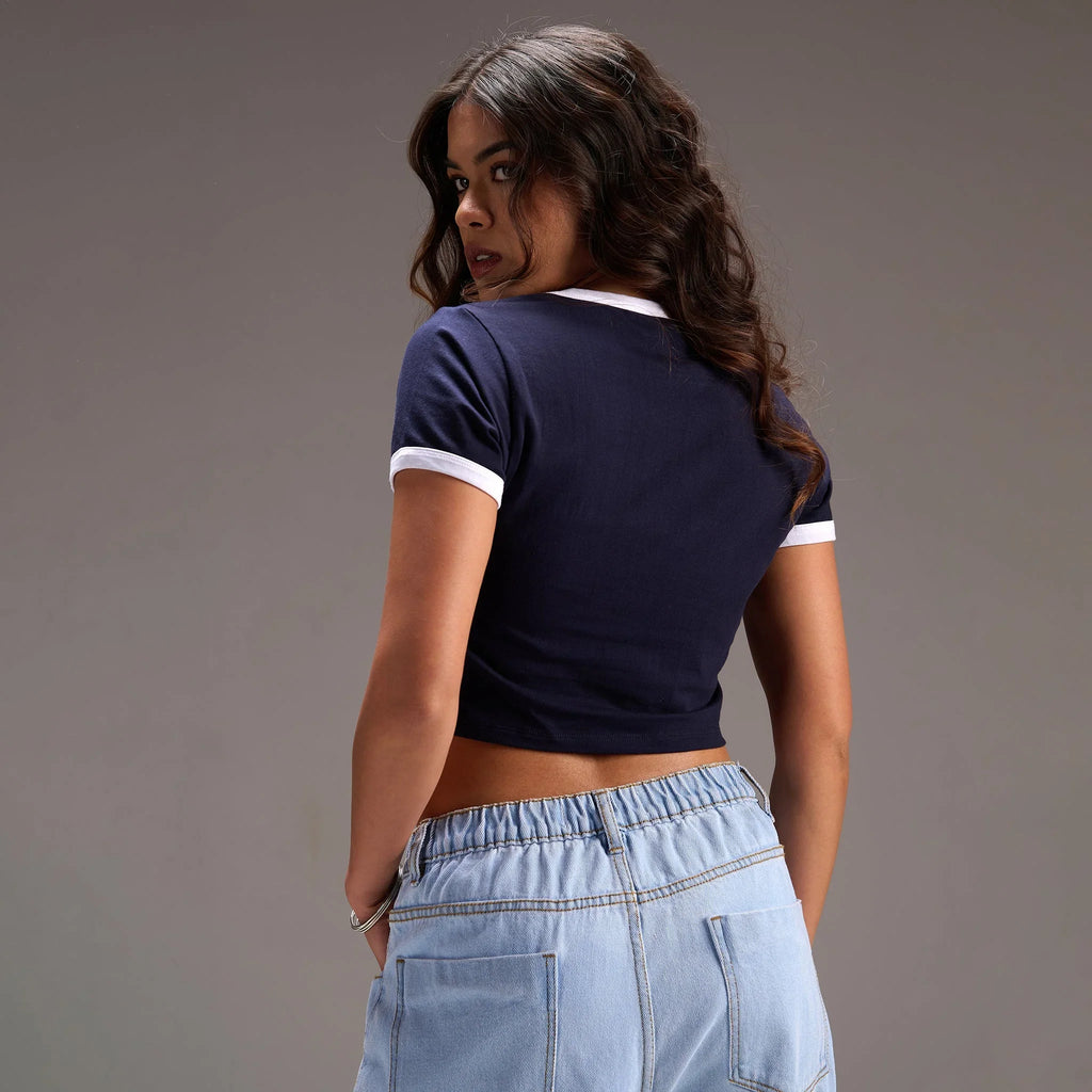 "Varsity Paris" Blue Cropped Fitted Baby Tee - I Z F