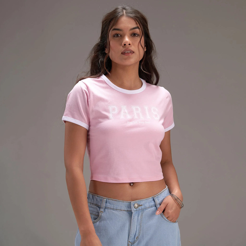 "Varsity Paris" Blue Cropped Fitted Baby Tee - I Z F