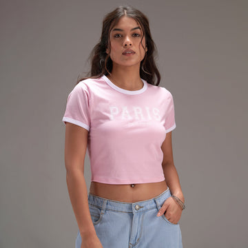 " Varsity Paris" Pink Cropped Fitted Baby Tee - I Z F