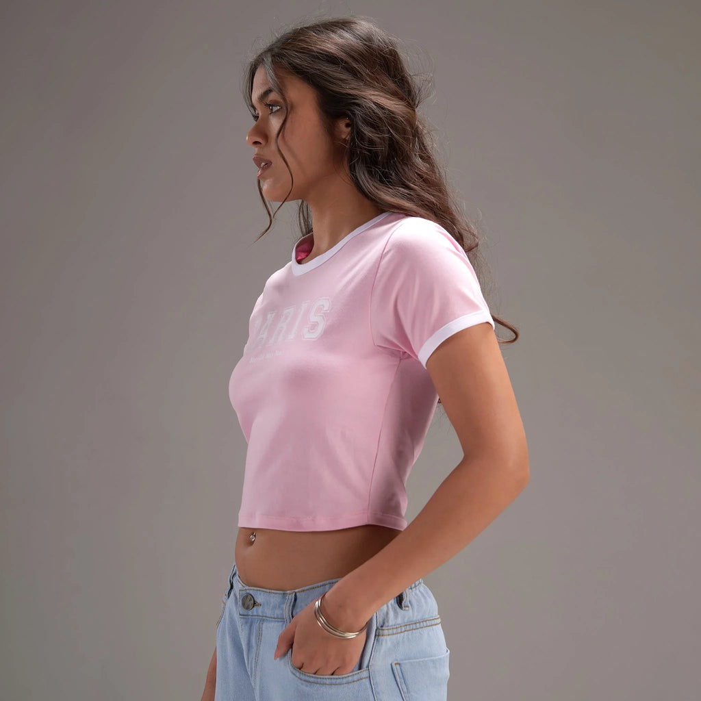 " Varsity Paris" Pink Cropped Fitted Baby Tee - I Z F