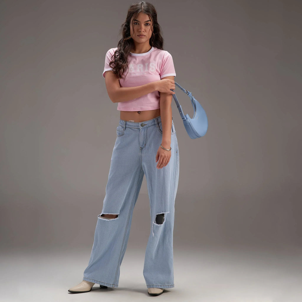 " Varsity Paris" Pink Cropped Fitted Baby Tee - I Z F