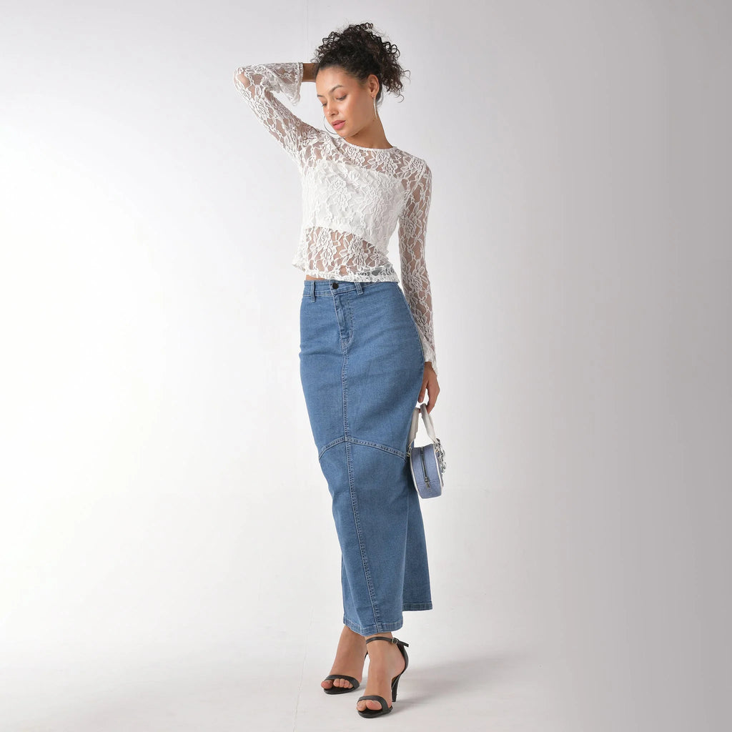 White full sleeve lace top with matching crop camisole - I Z F