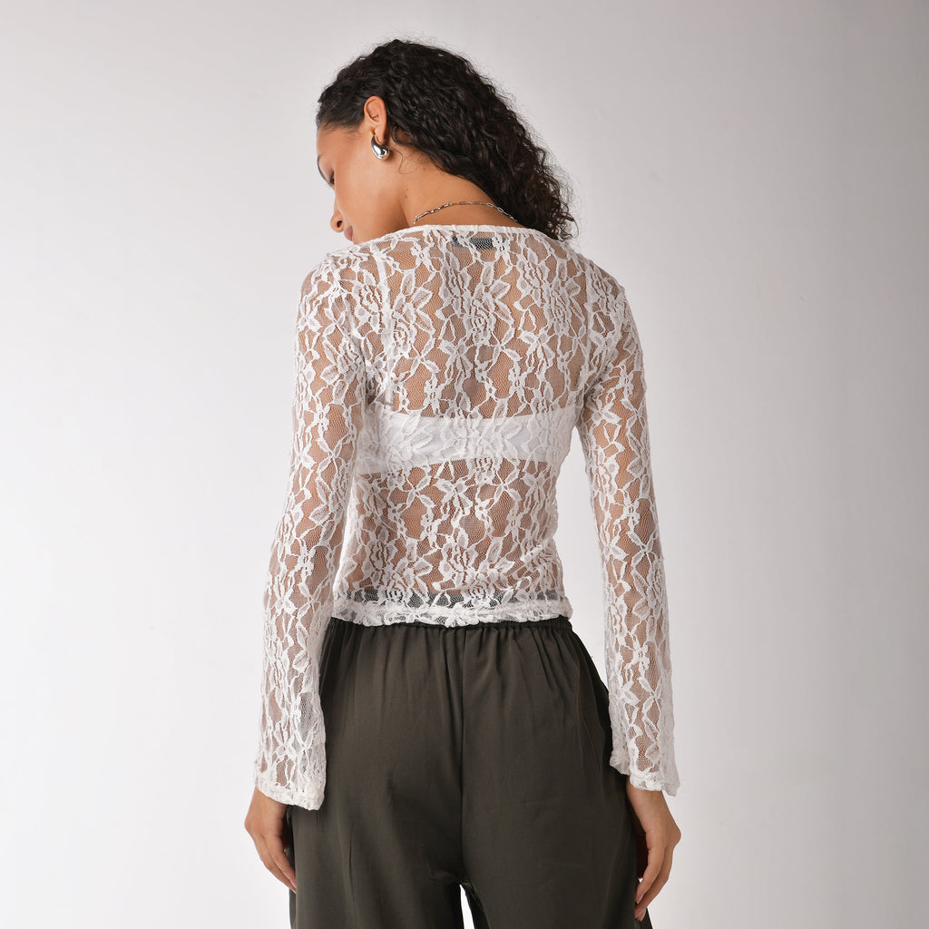 White lace cardigan top with romantic bell sleeves - I Z F