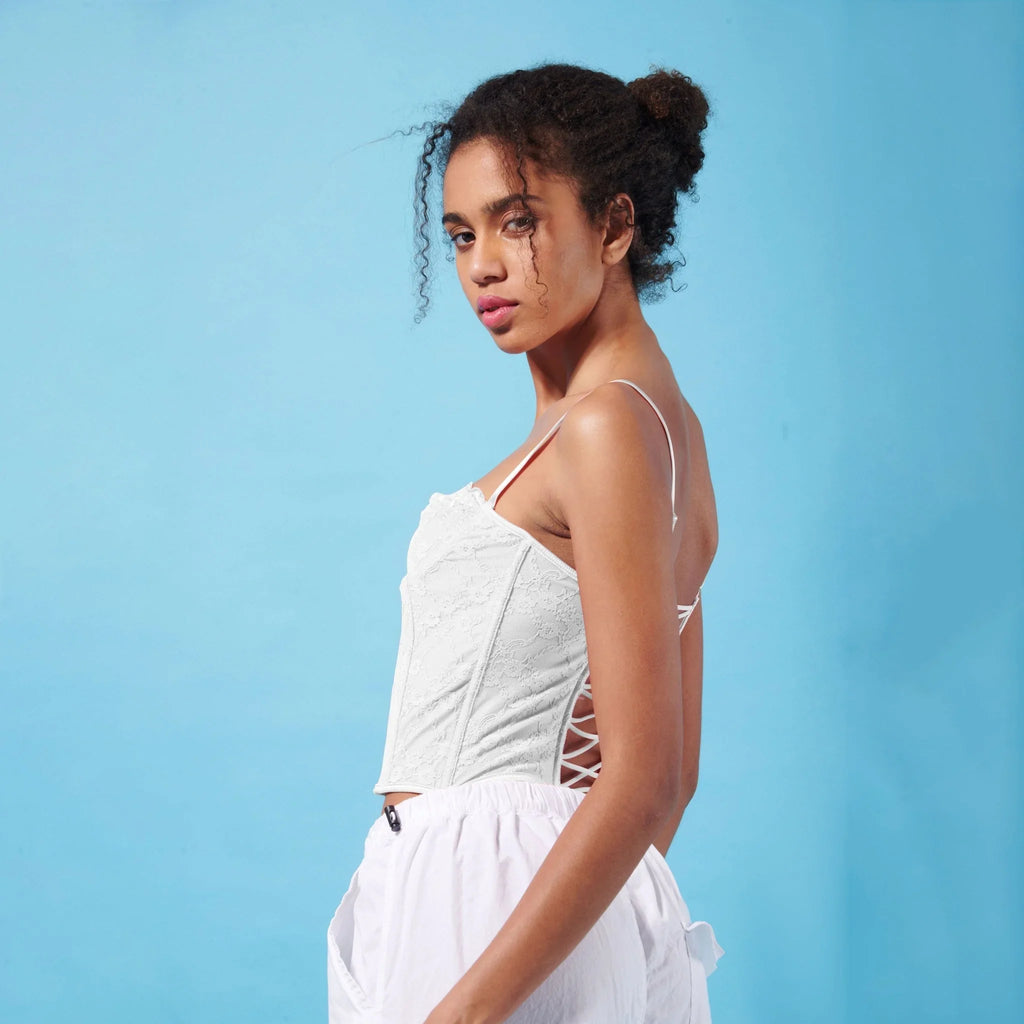 White Lace Corset Top & White Parachute Pants - I Z F