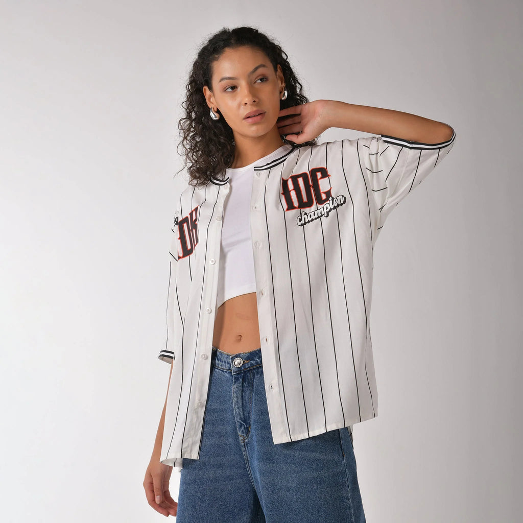 White Striped Baseball Shirt for Women - I Z F