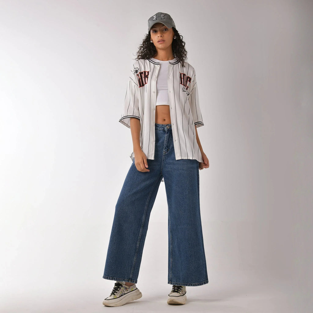 White Striped Baseball Shirt for Women - I Z F