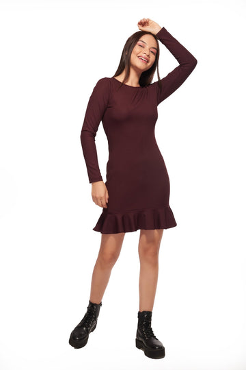 Wine Ruffle Bottom Straight Dress - I Z F