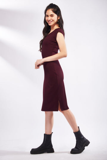 Wine Short Sleeve Midi Dress with Side Slits - I Z F