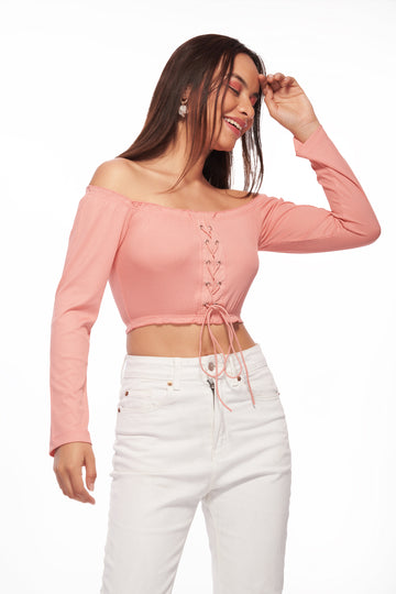Pink Off- Shouldered Lace-up Top