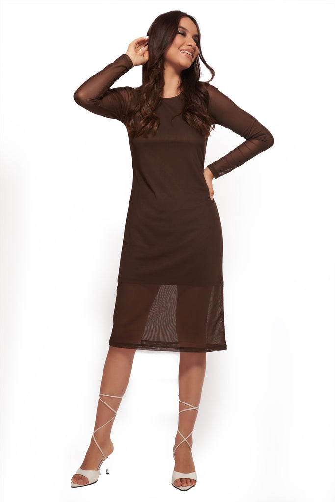 Brown Mesh Layered Midi Dress